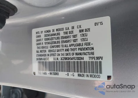 2015 Honda Cr-V Ex z USA, uszkodzony, nr VIN 3CZRM3H54FG700244